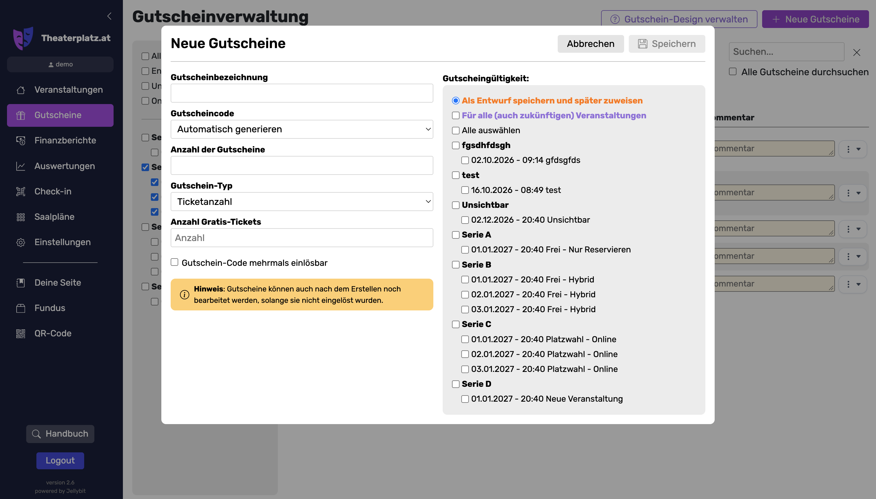 Neuen Gutschein anlegen Neuen Gutschein anlegen